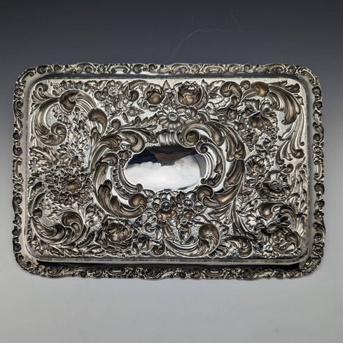 1902年 英国アンティーク 純銀 レリーフ彫刻 ドレッシングテーブルトレイ 306g